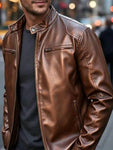 Men's Full Size Faux Leather Bomber Jacket with Zipper Pockets Plus Size view 24