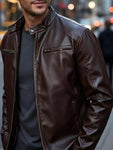 Men's Full Size Faux Leather Bomber Jacket with Zipper Pockets Plus Size view 31