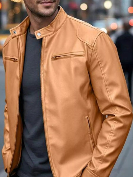 Men's Full Size Faux Leather Bomber Jacket with Zipper Pockets Plus Size