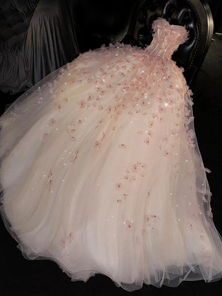 Floral Tulle Ball Gown -- Off-Shoulder Evening Dress