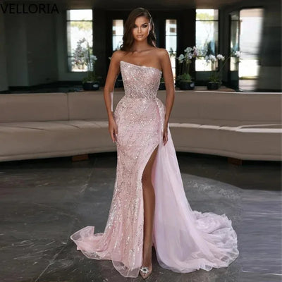 Beaded Mermaid Evening Gown with Train