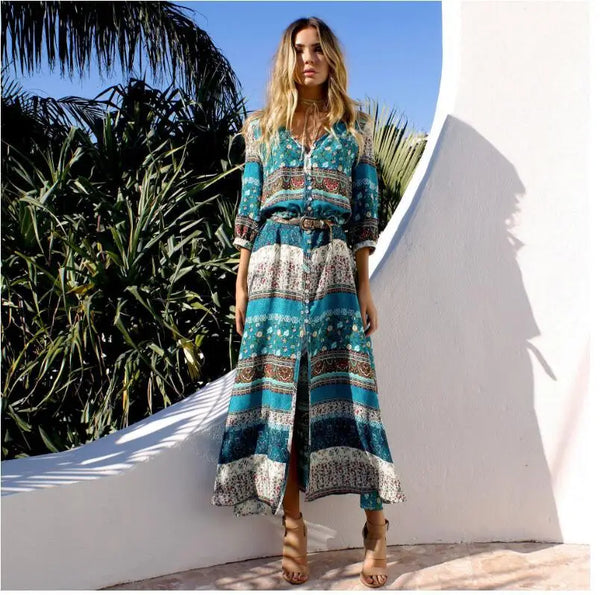 Boho Floral Print V-Neck Maxi Dress