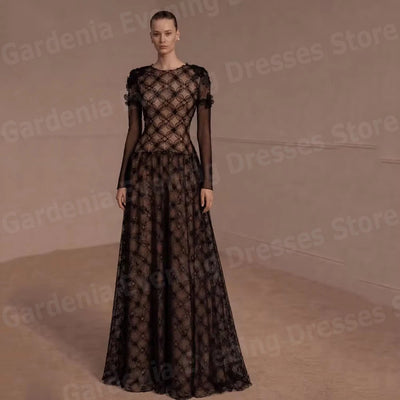 Long-Sleeve Lace A-Line Evening Gown