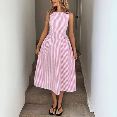 Striped Linen A-Line Midi Dress with Pockets