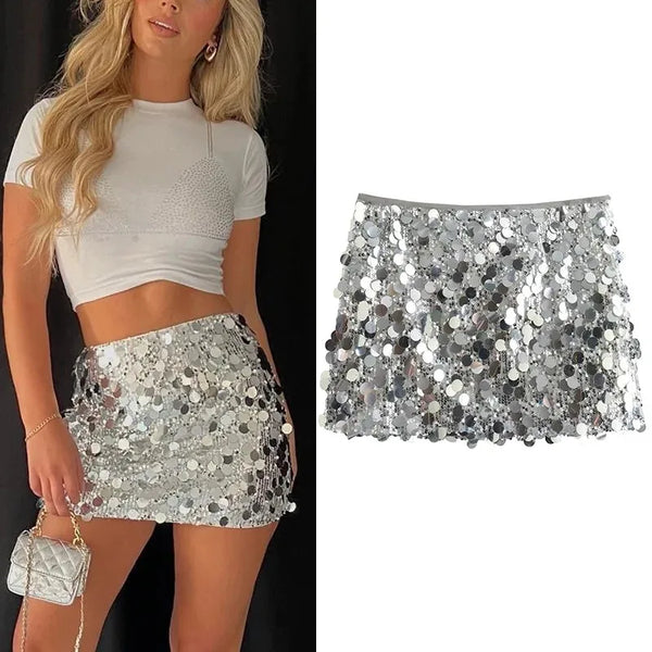 Silver Sequin Mini Skirt