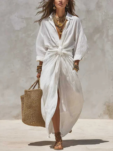 Linen Tie-Waist Maxi Dress with Lapel Collar