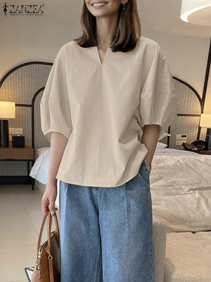 Puff-Sleeve V-Neck Blouse