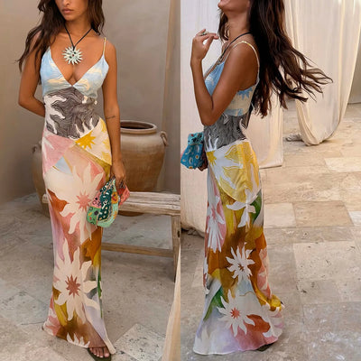 Printed Linen Bohemian Beach Vacation Maxi Dress