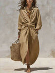 Linen Tie-Waist Maxi Dress with Lapel Collar view 5