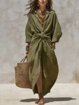 Linen Tie-Waist Maxi Dress with Lapel Collar view 4