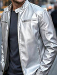 Men's Full Size Faux Leather Bomber Jacket with Zipper Pockets Plus Size view 7
